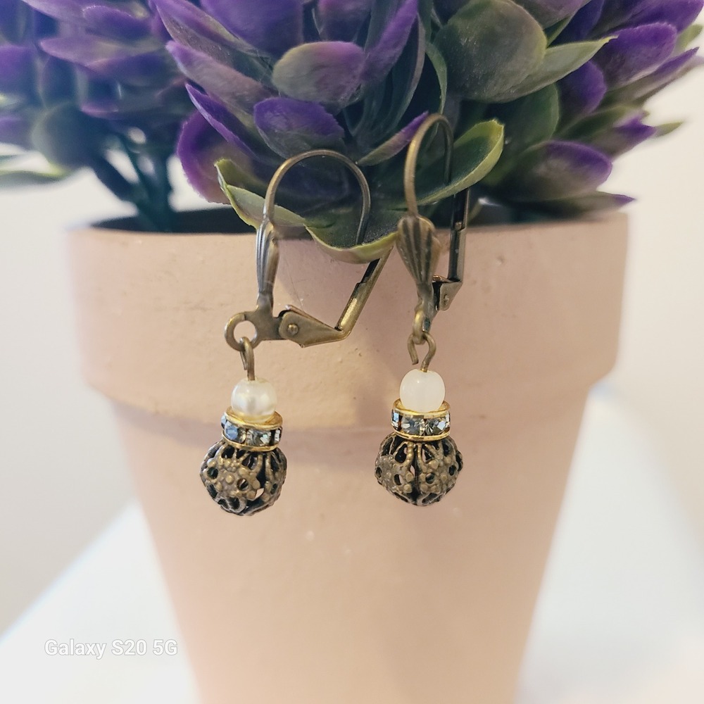Filigree Bronze Tone Dangle Earrings with Rhinestone and Pearl Accents Pre-Owned